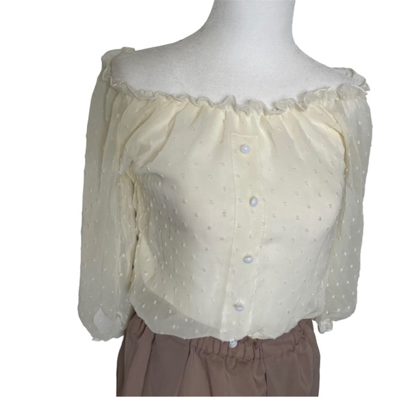 NWT DD&JJ Swiss dot cream and brown off-the-shoulder 3/4 sleeve polka dot dress - Picture 6 of 14